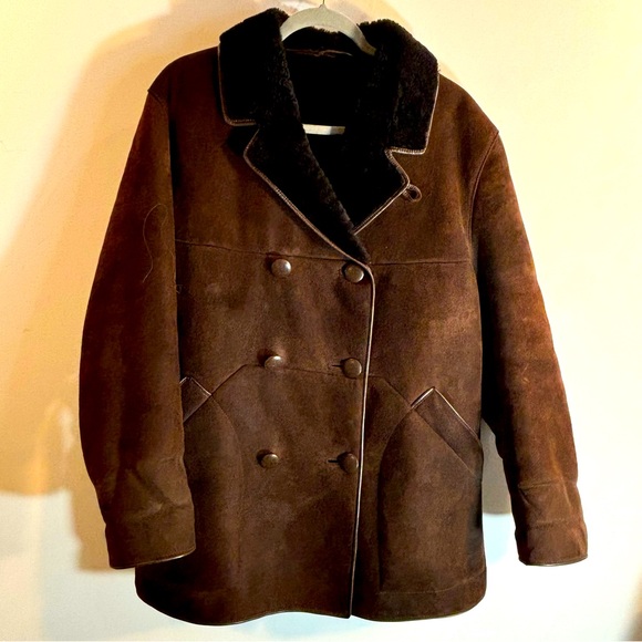 GENUINE SHEEPSKIN Sz 42 Coat Double Breasted Covered Buttons Turned Collar - Picture 1 of 10